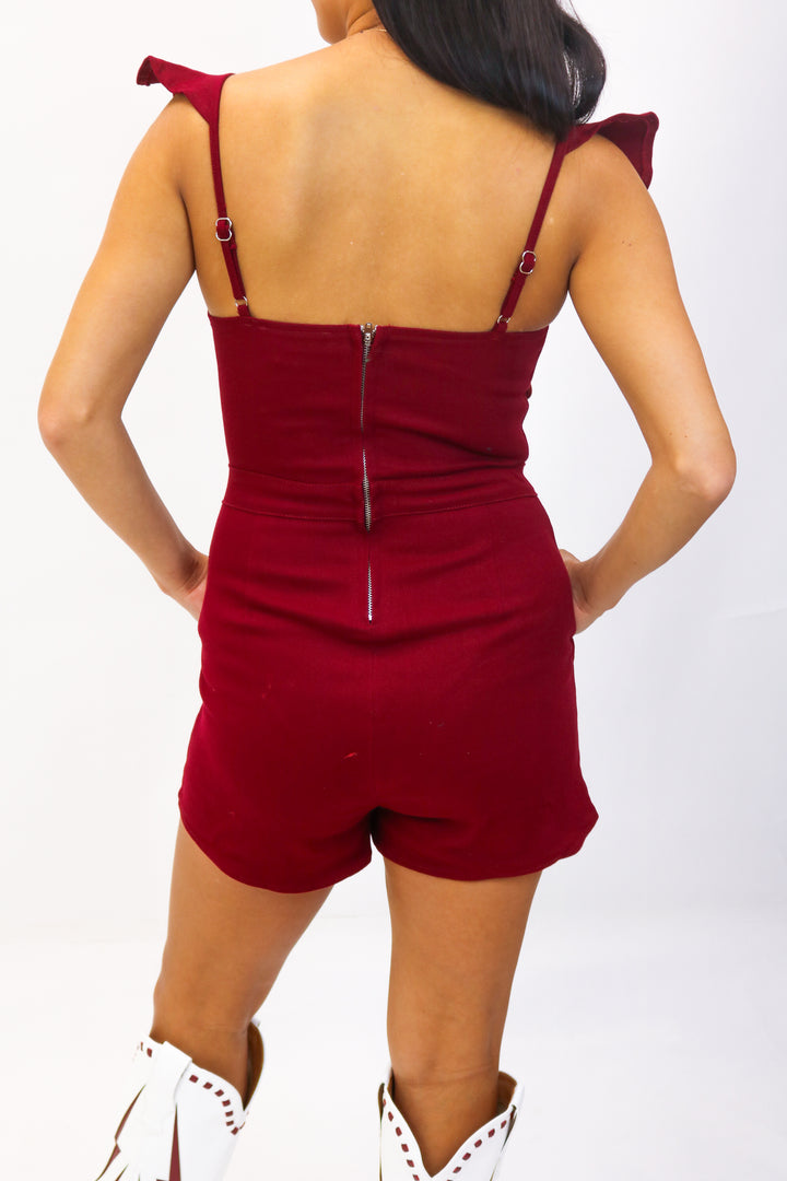 Call Me Later Denim Ruffle Romper, Maroon