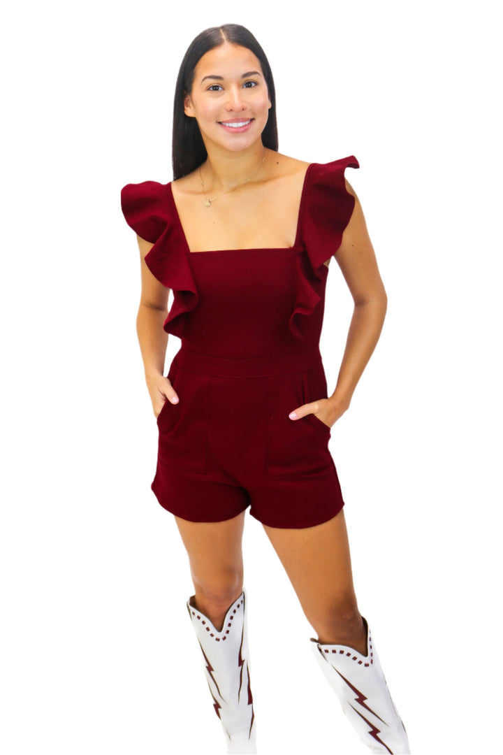 Call Me Later Denim Ruffle Romper, Maroon