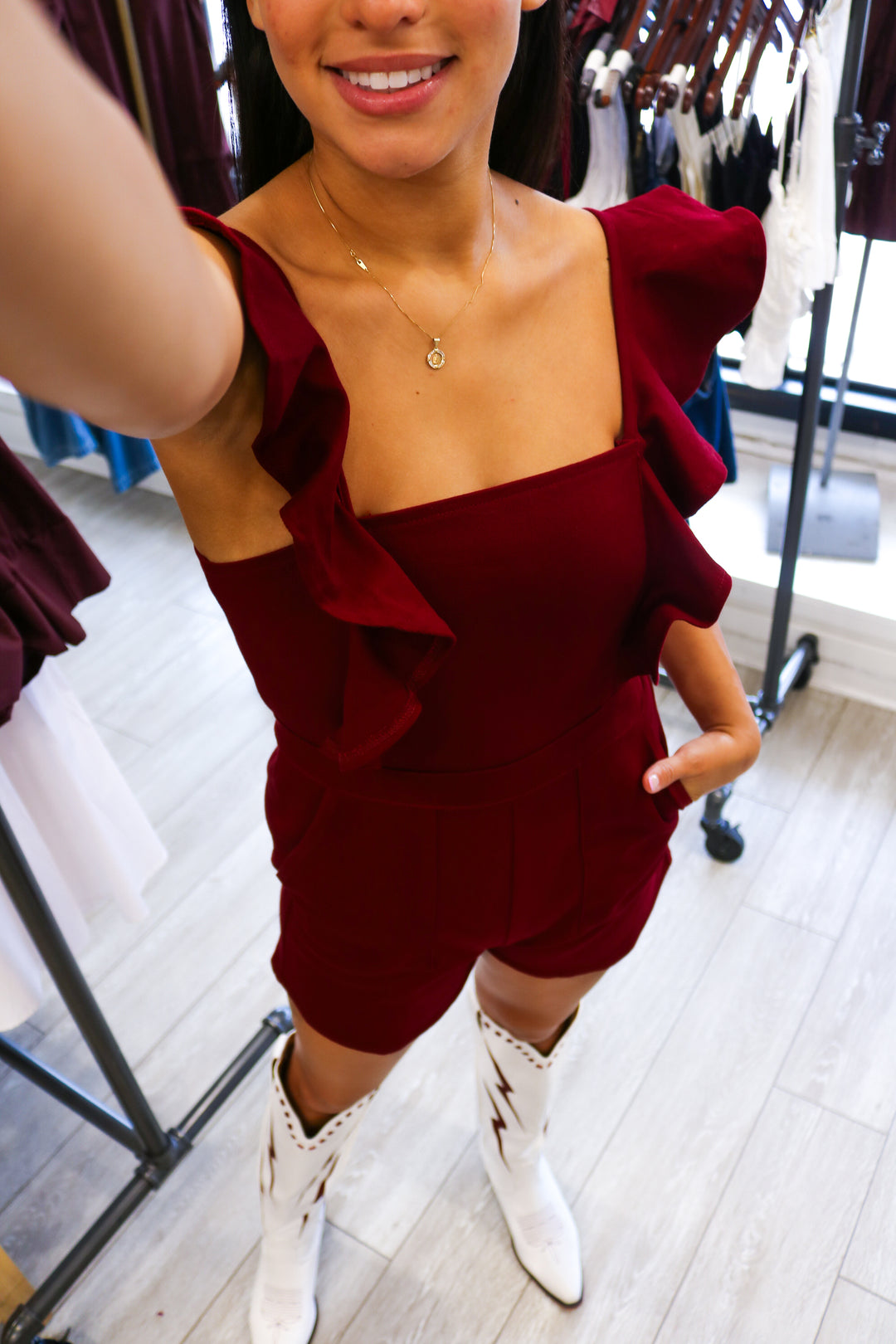 Call Me Later Denim Ruffle Romper, Maroon