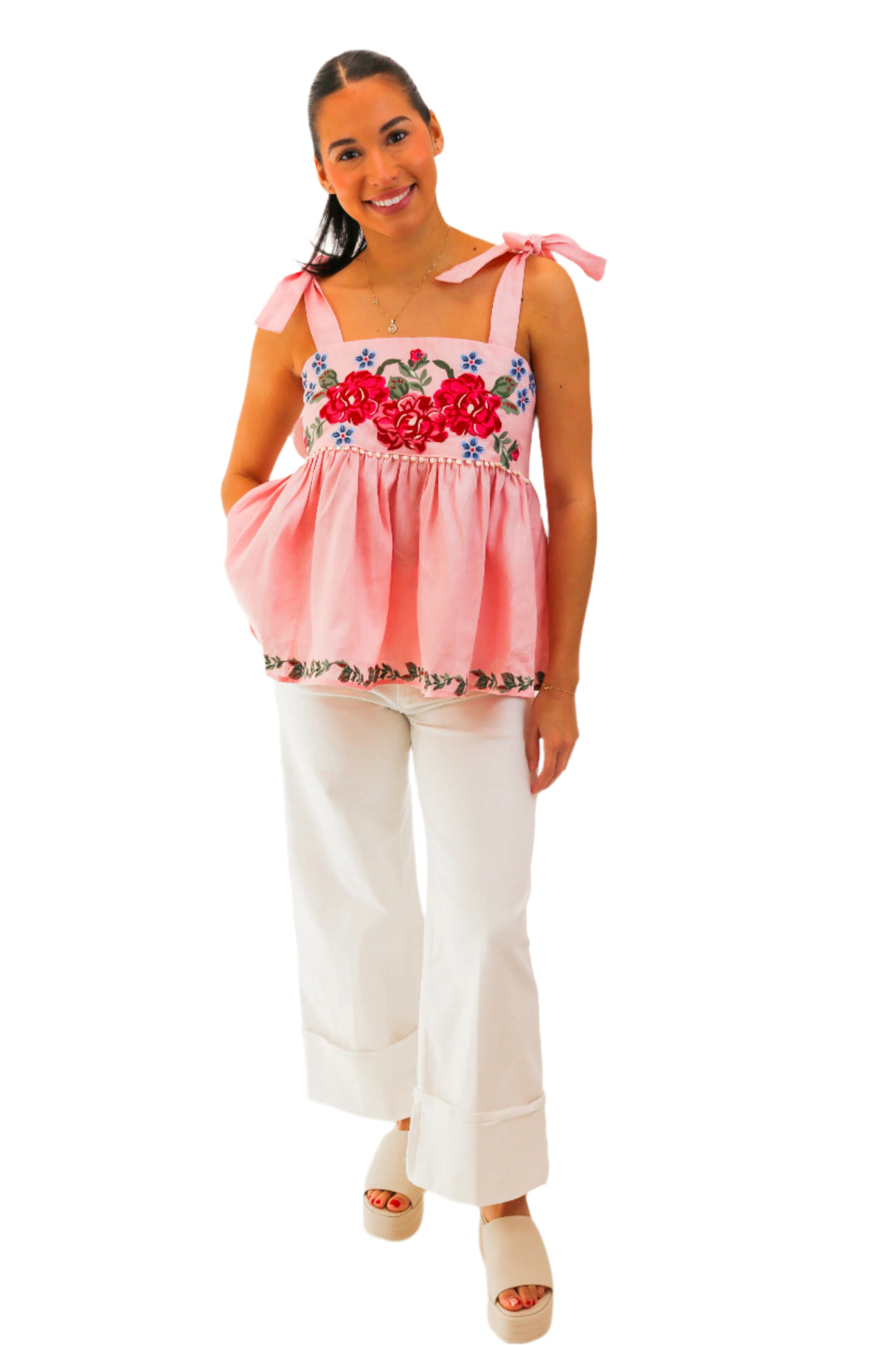 Blooming Love Tie Strap Embroidered Top, Pink