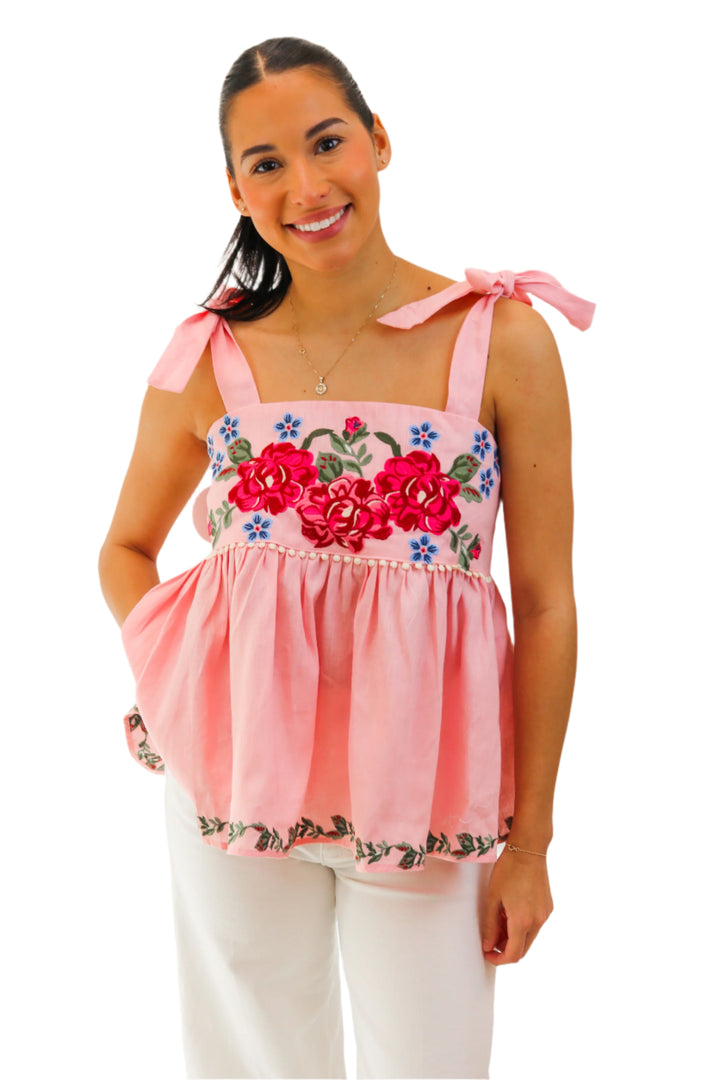 Blooming Love Tie Strap Embroidered Top, Pink