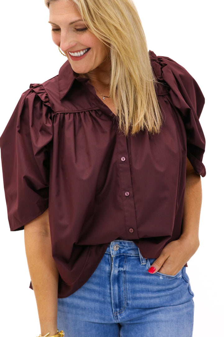 One For The Books Collared Top, Merlot