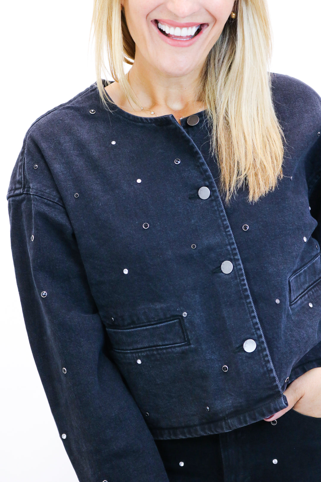 Collarless Crop Grommet Jacket, Washed Black