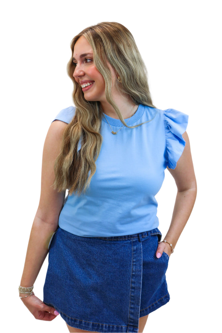 Keep Things Simple Ruffle Sleeve Top, Blue