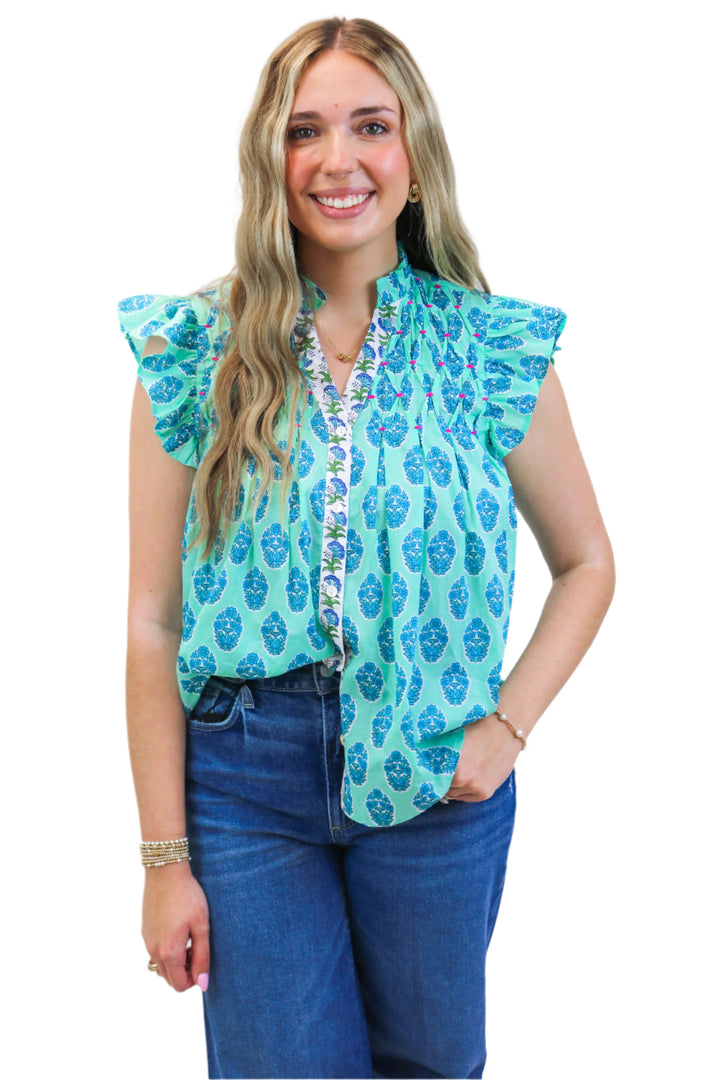 Muted Garden Button Up Floral Top, Aqua