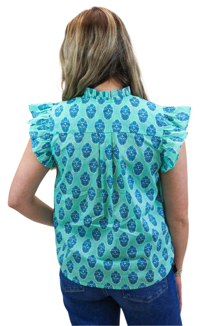 Muted Garden Button Up Floral Top, Aqua