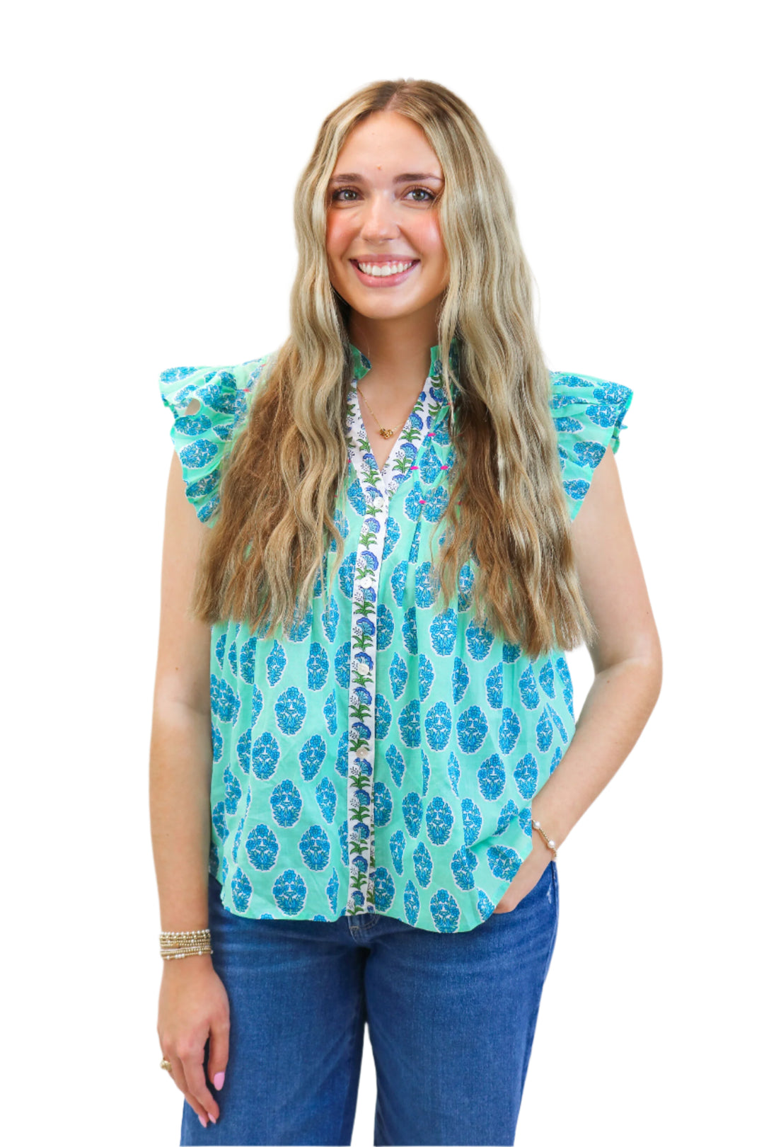 Muted Garden Button Up Floral Top, Aqua