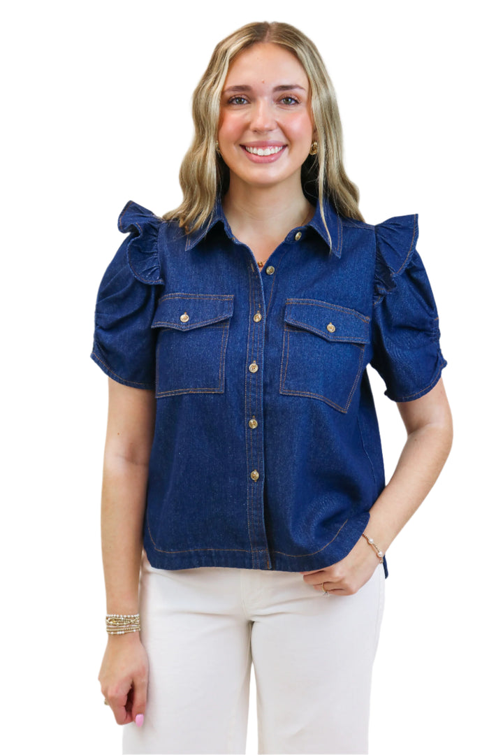 Take Me Dancing Denim Button Down Top, Dark Wash