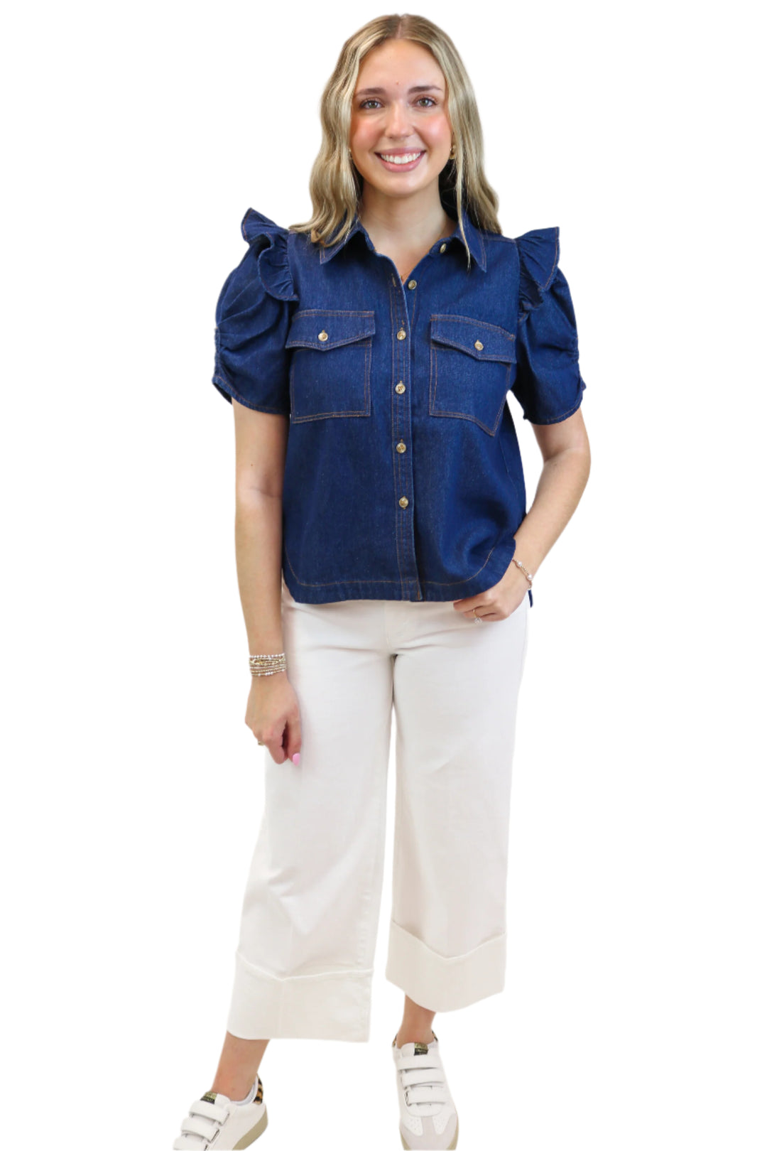 Take Me Dancing Denim Button Down Top, Dark Wash