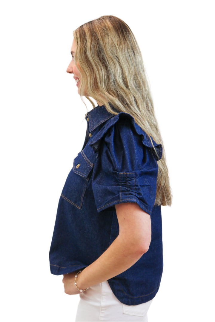 Take Me Dancing Denim Button Down Top, Dark Wash