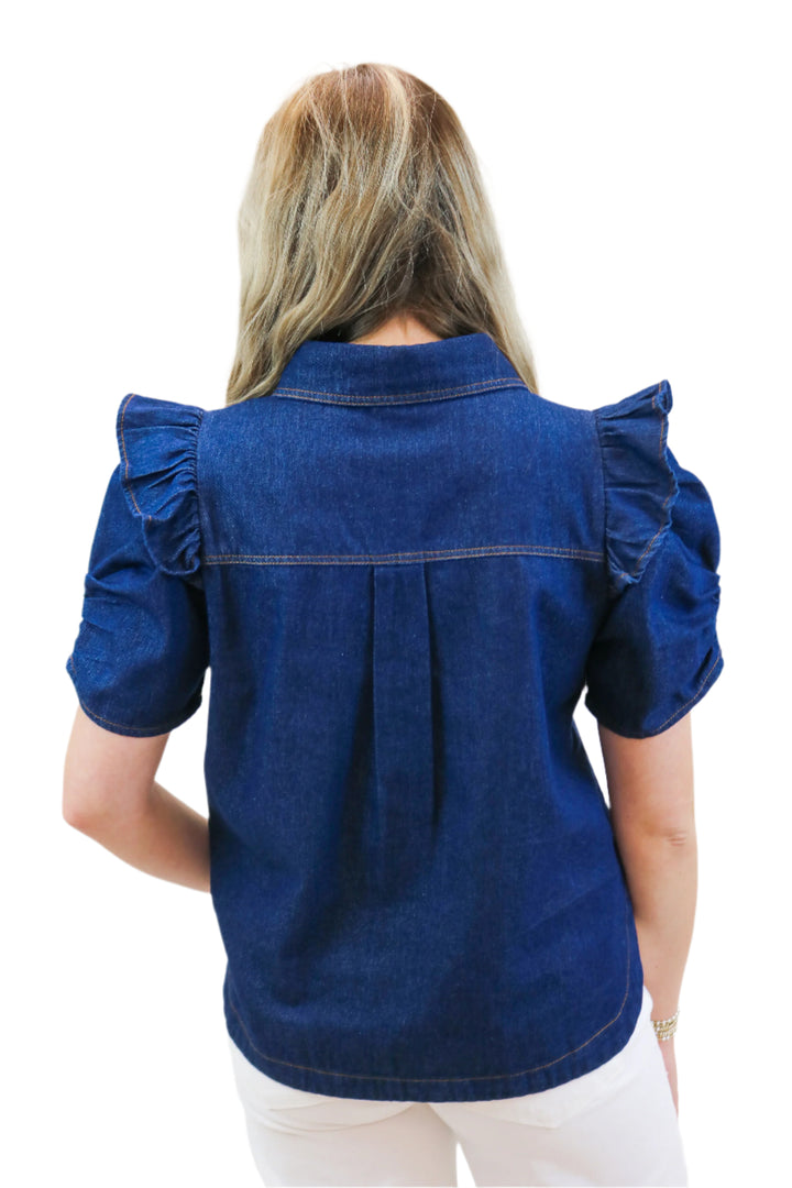 Take Me Dancing Denim Button Down Top, Dark Wash