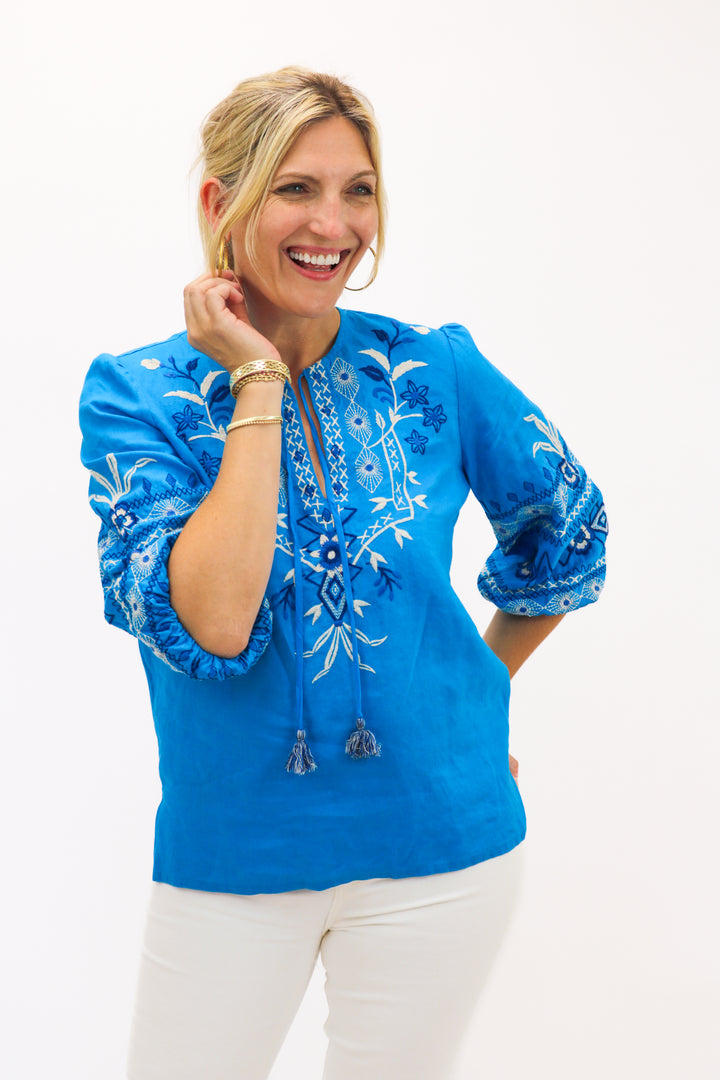 Taria Linen Relaxed Blouse, Blue Lagoon