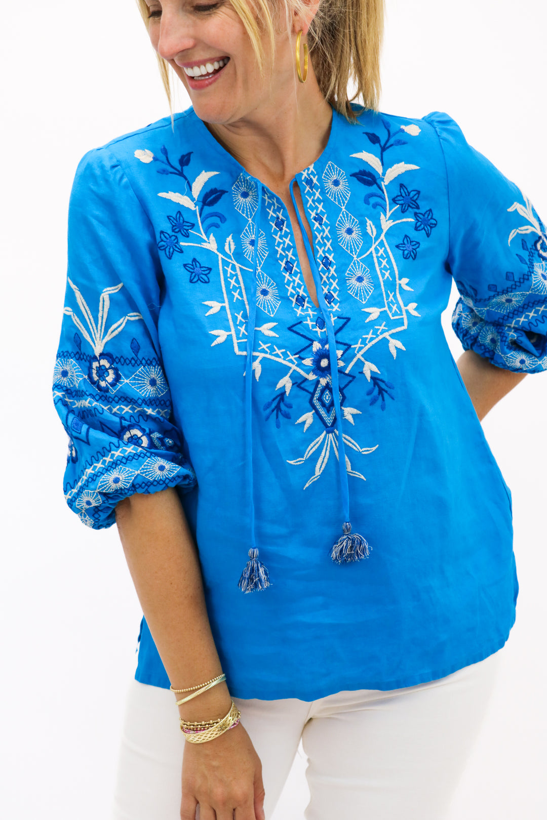 Taria Linen Relaxed Blouse, Blue Lagoon