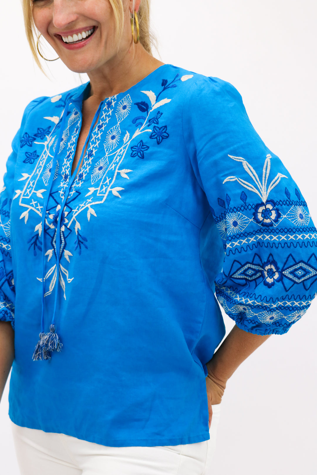 Taria Linen Relaxed Blouse, Blue Lagoon