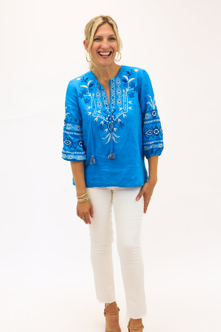 Taria Linen Relaxed Blouse, Blue Lagoon