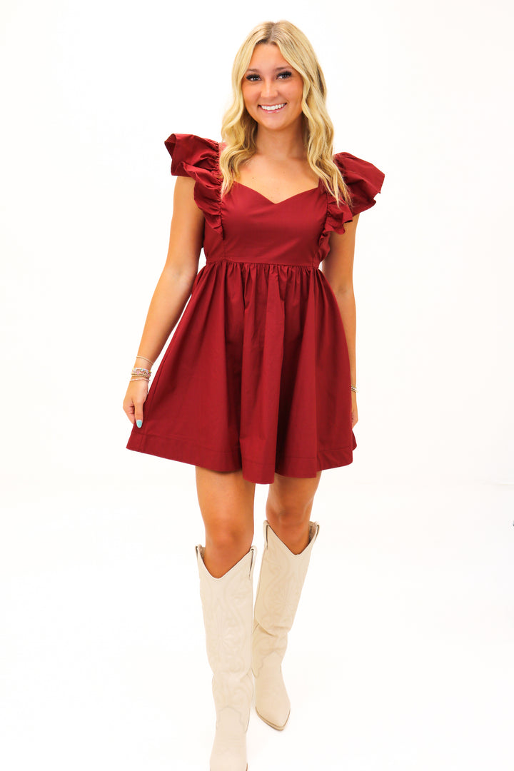 High Tide Ruffle Sleeve Dress, Maroon