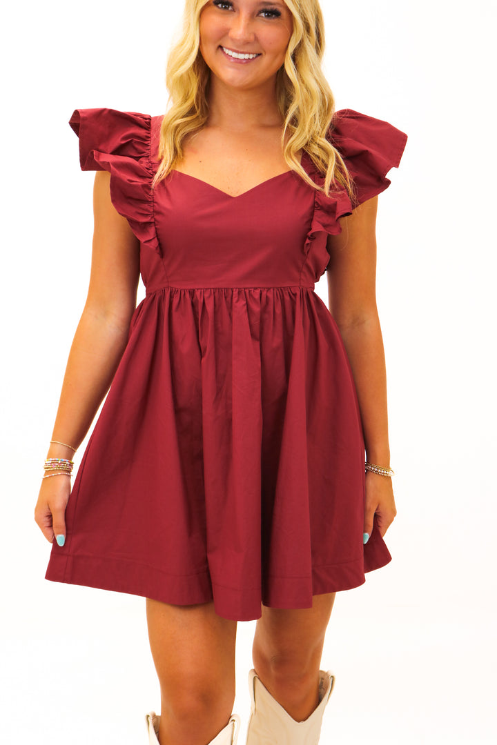 High Tide Ruffle Sleeve Dress, Maroon