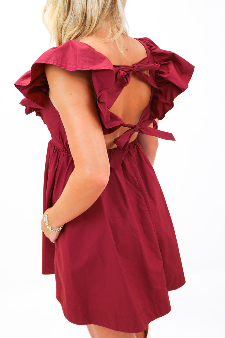 High Tide Ruffle Sleeve Dress, Maroon