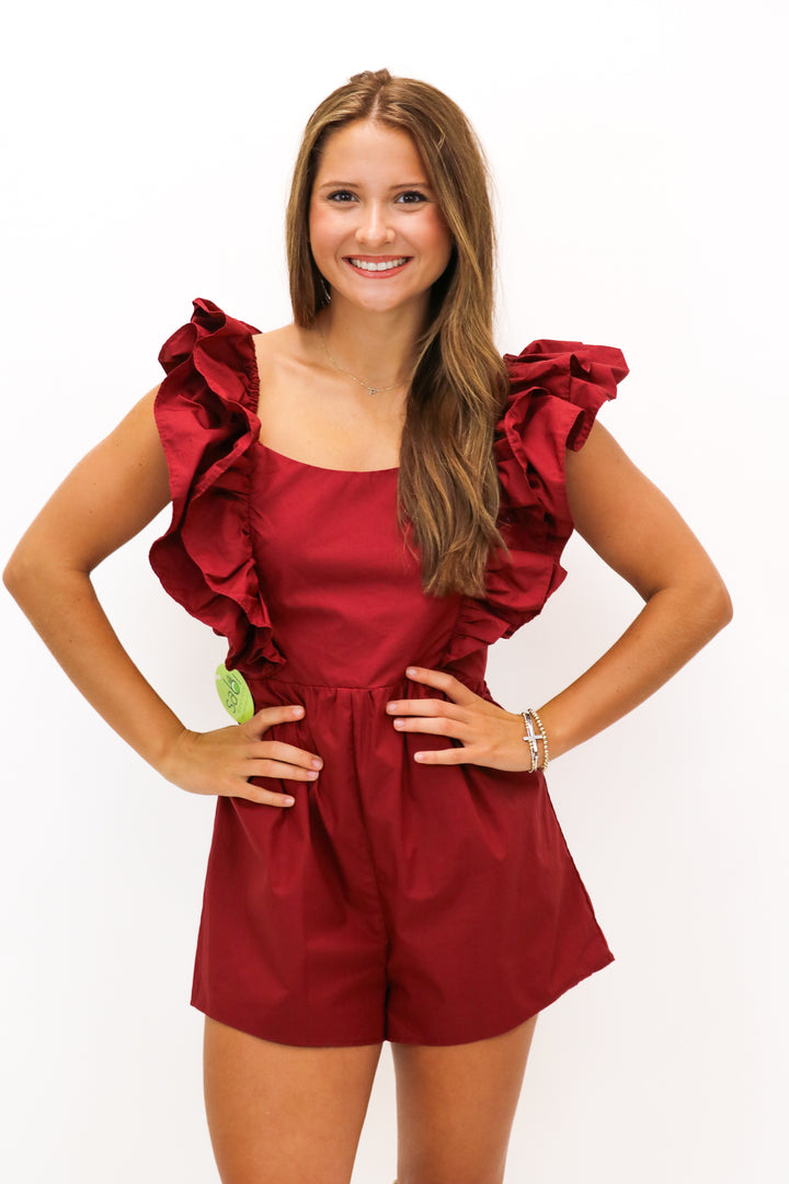 The Simple Life Ruffle Sleeve Romper, Maroon