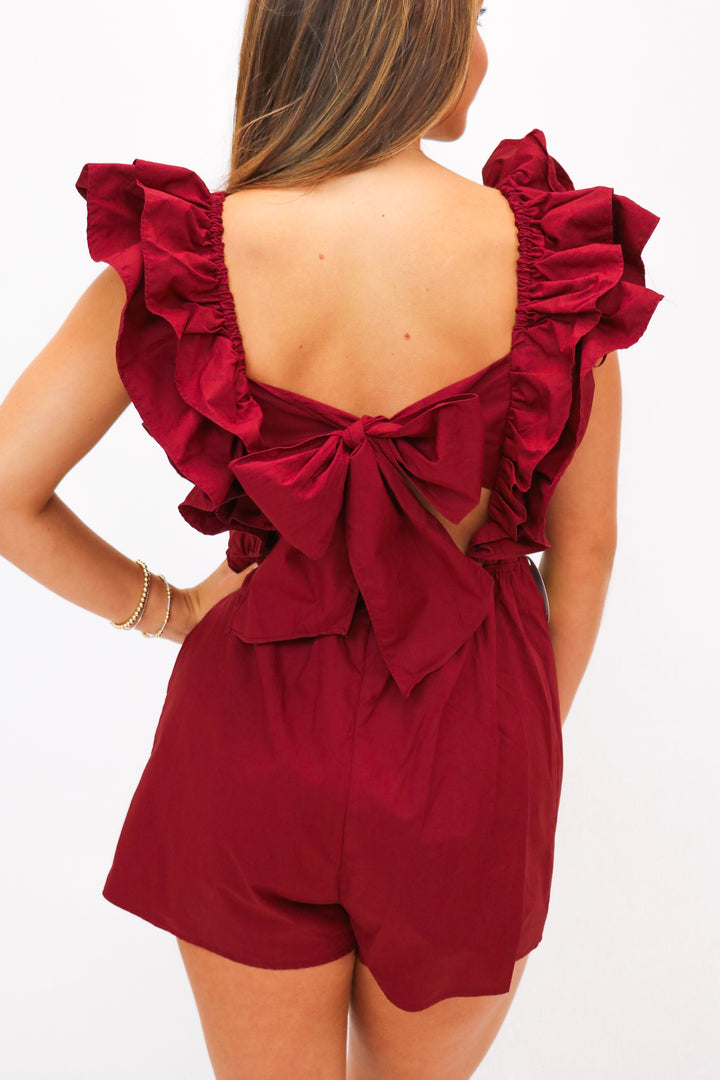 The Simple Life Ruffle Sleeve Romper, Maroon