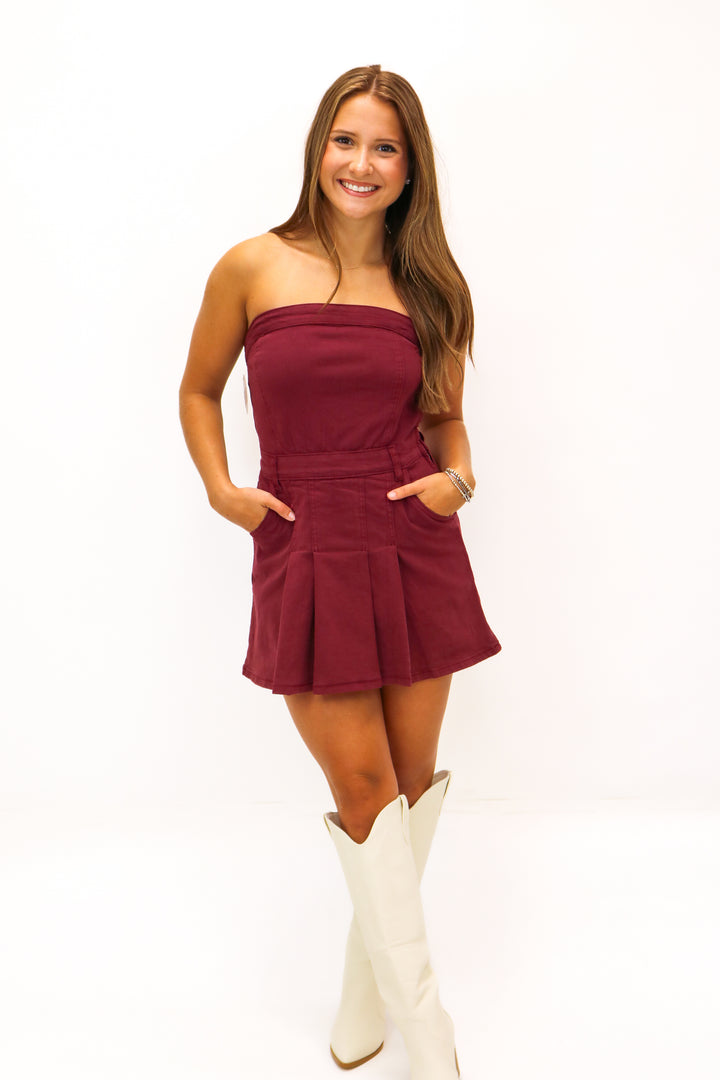 Make Some Noise Strapless Denim Romper Dress, Maroon