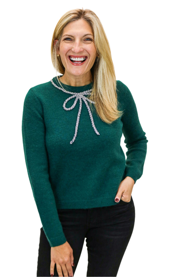 Lost In You Rhinestone Bow Sweater, Green