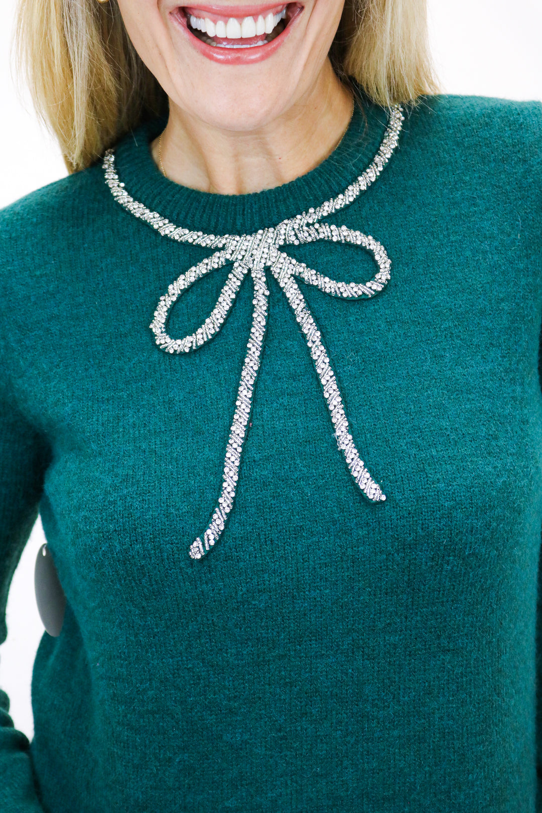 Lost In You Rhinestone Bow Sweater, Green