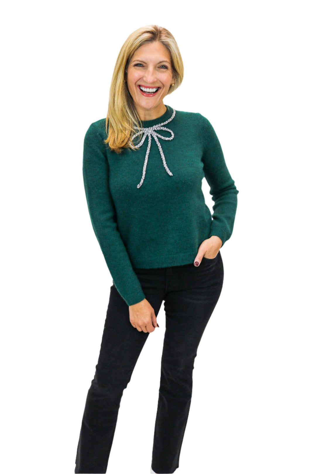 Lost In You Rhinestone Bow Sweater, Green