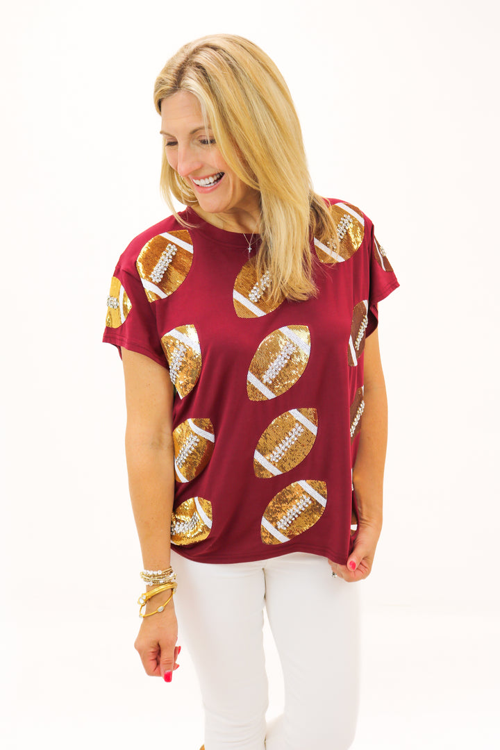 Maroon & Gold Rhinestone Lace Football Tee