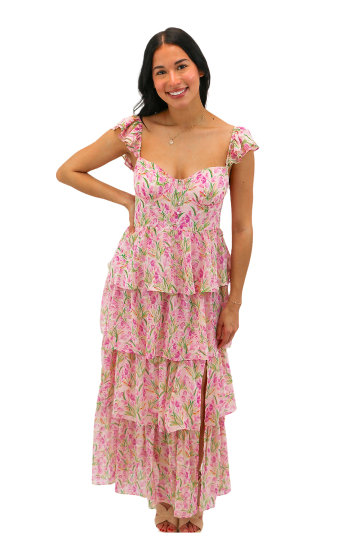 Midsummer Floral Tiered Maxi Dress, Pink Floral