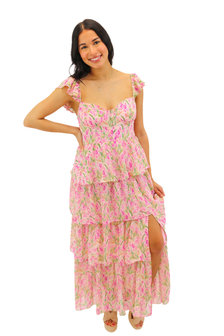 Midsummer Floral Tiered Maxi Dress, Pink Floral