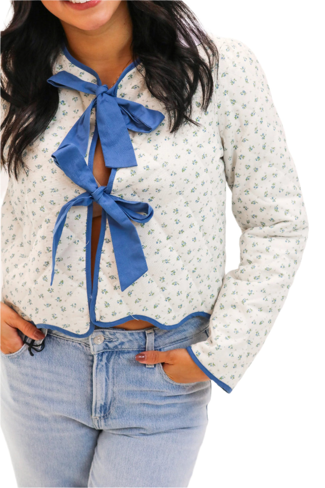 Southern Belle Quilted Jacket, Ivory Blue Floral