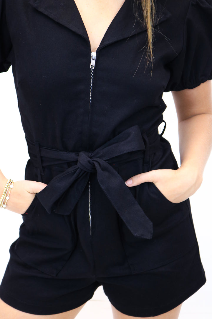 Buckle Up Denim Romper, Black