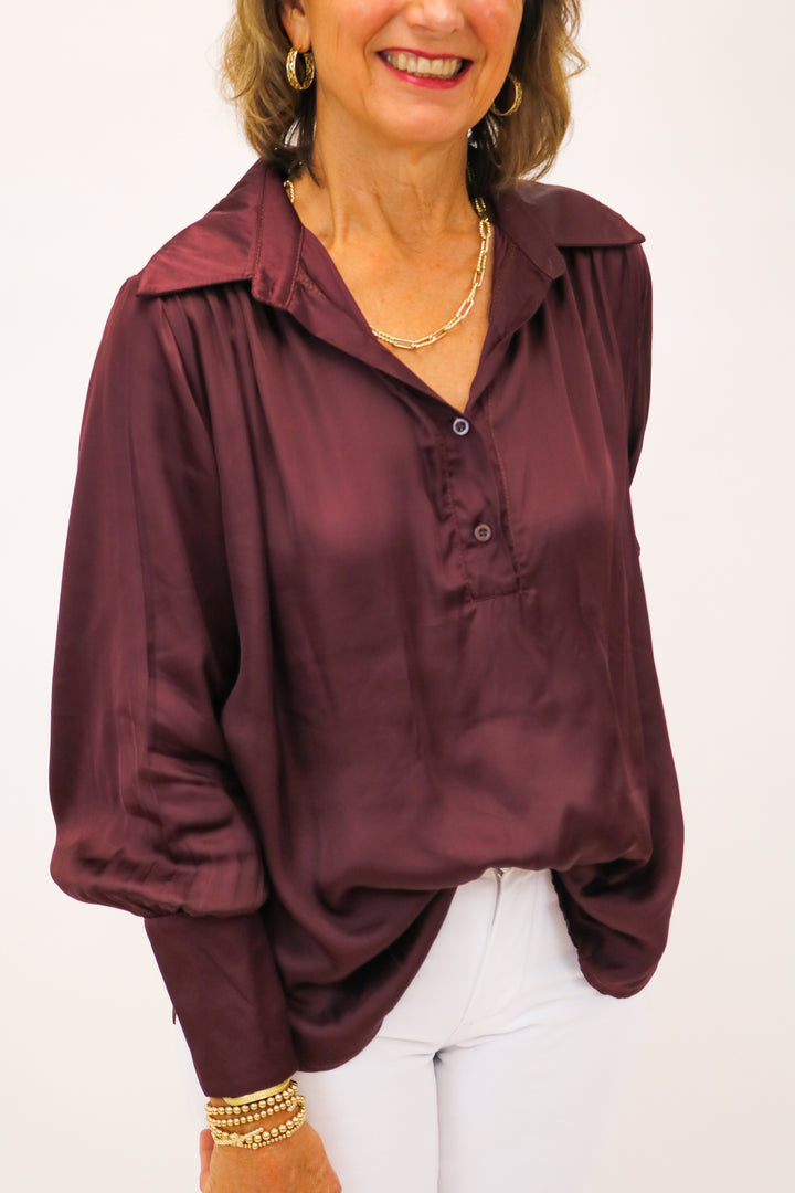 Giulia Collared Button Down Top, Maroon