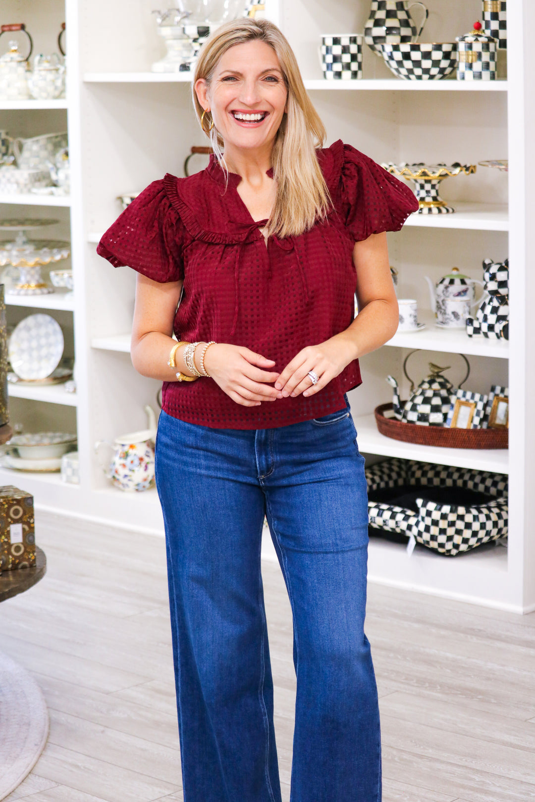 Leeland Puff Sleeve Top, Maroon