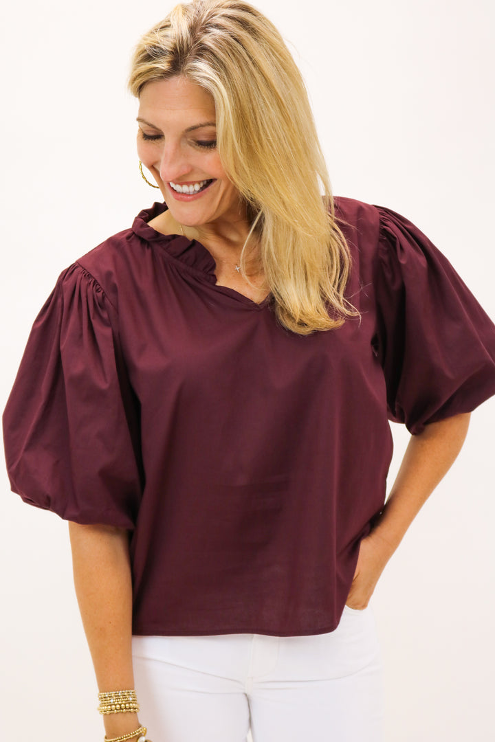 Marianna Puff Sleeve Top, Maroon