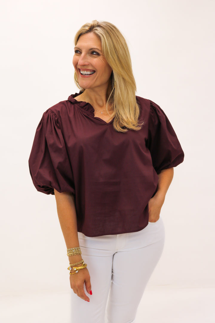 Marianna Puff Sleeve Top, Maroon