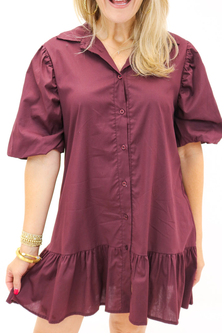 Linda Collared Button Down Dress, Maroon