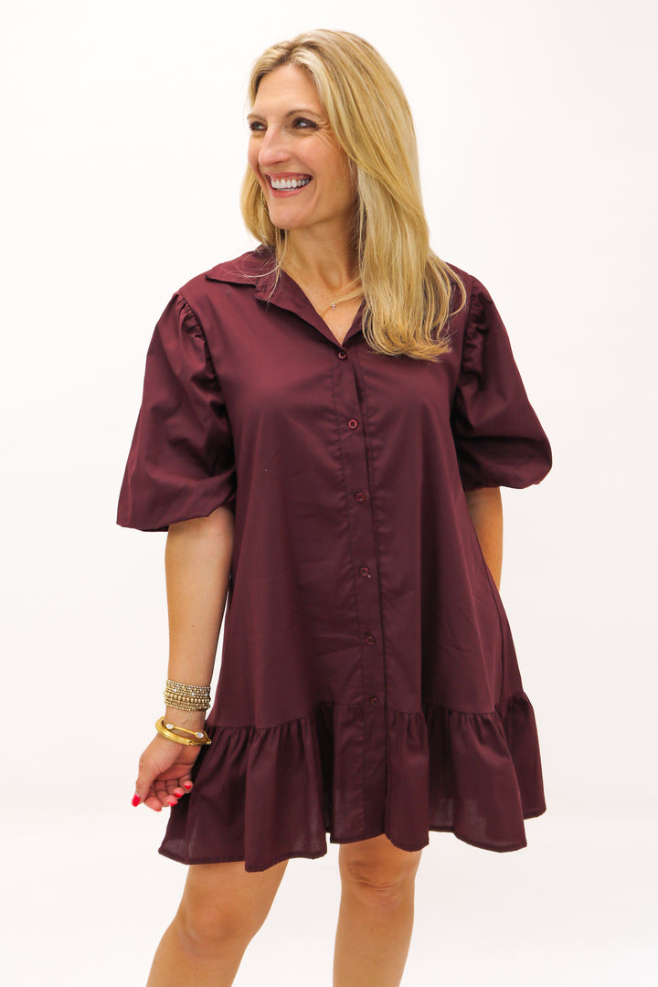 Linda Collared Button Down Dress, Maroon