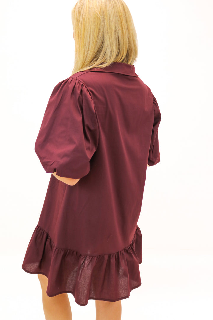 Linda Collared Button Down Dress, Maroon