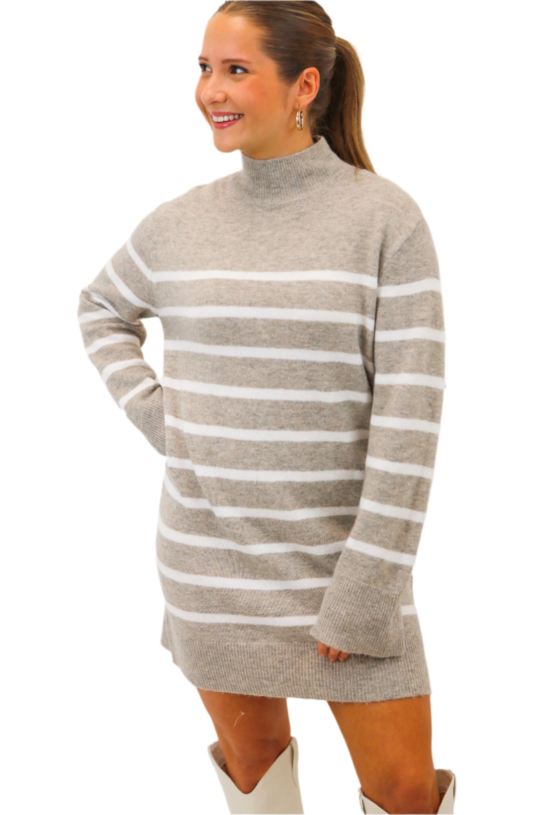 Fin Stripe Sweater Dress, Heather Taupe