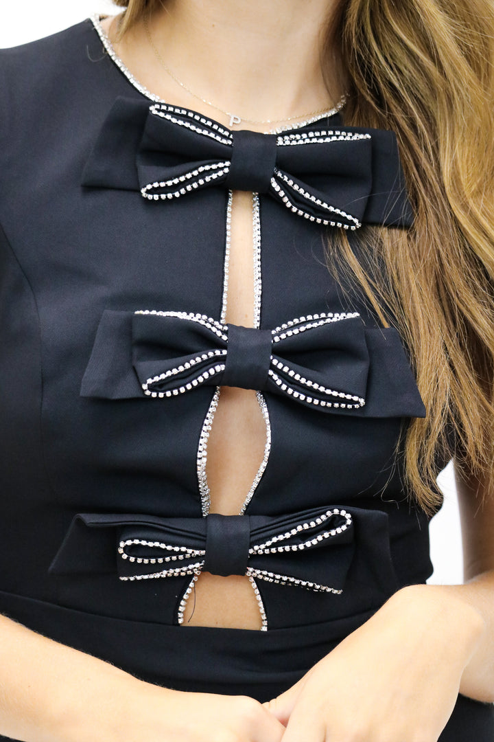 Really Into This Rhinestone Bow Mini Dress, Black