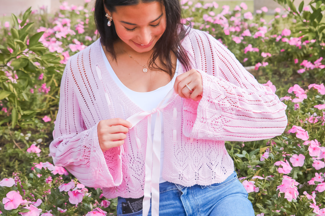 Daphne Laced Ribbon Cardigan, Pink