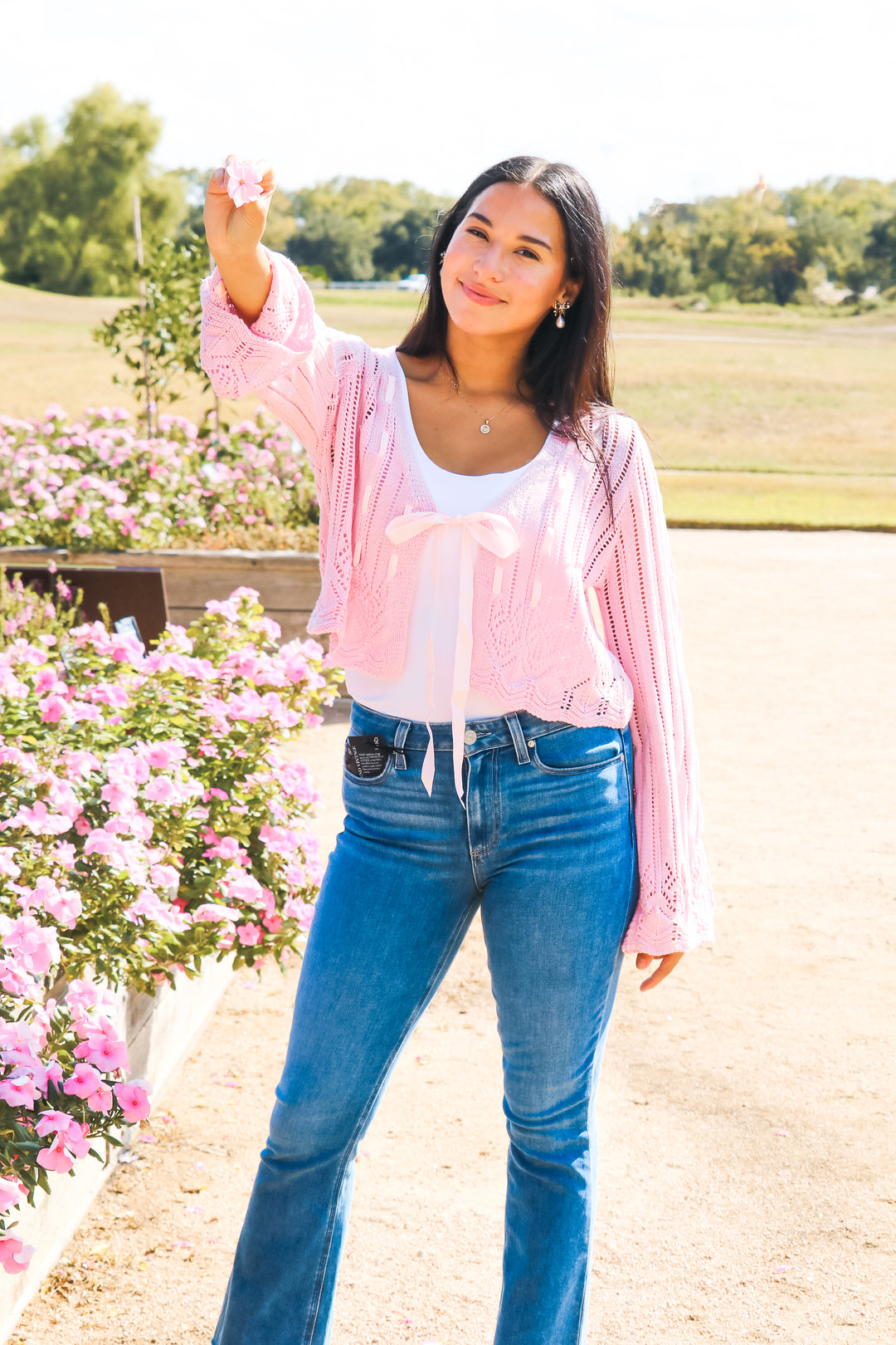 Daphne Laced Ribbon Cardigan, Pink