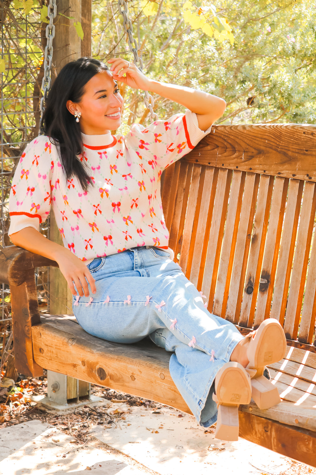 Lovestruck Straight Leg Jeans, Pink Bows