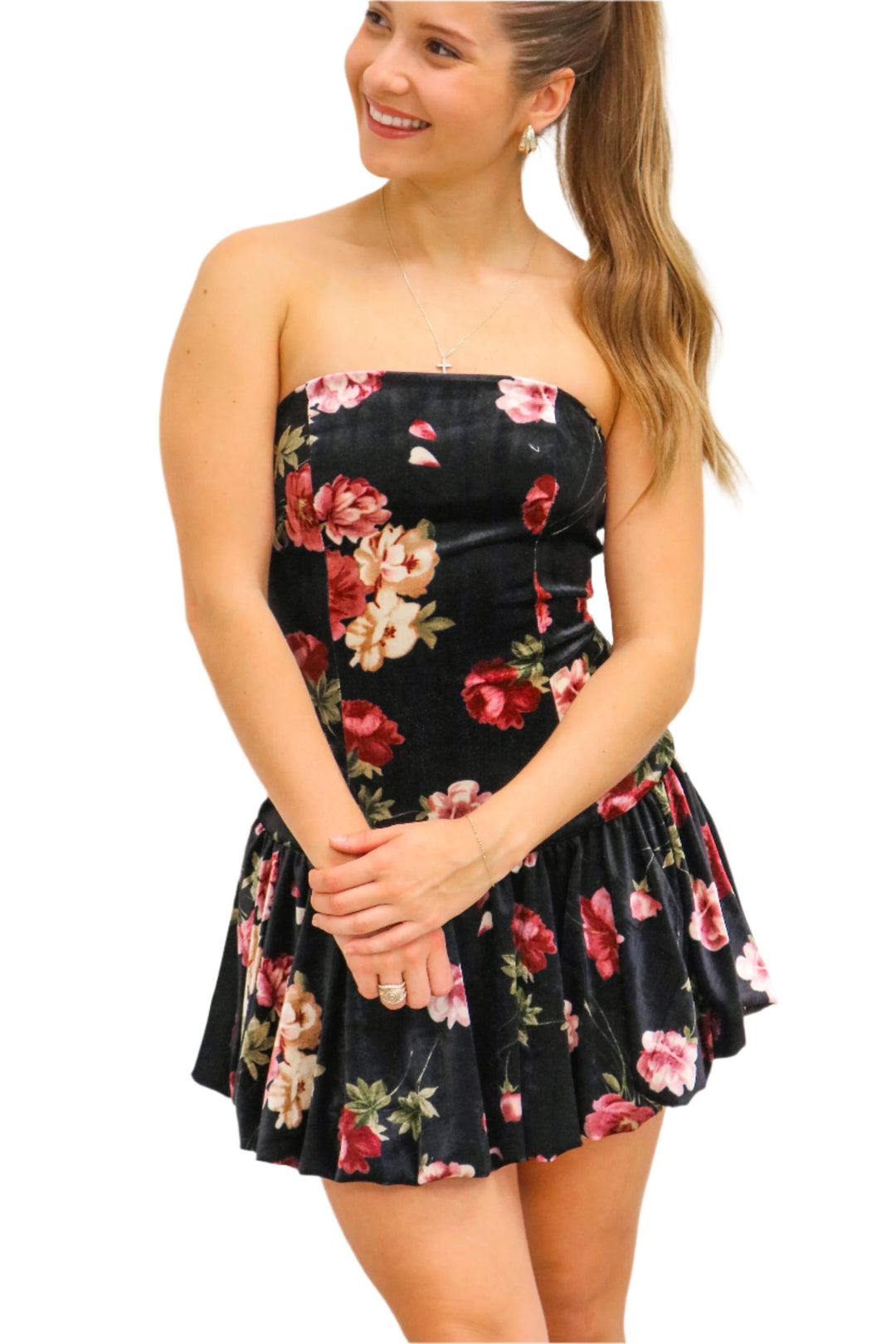 Feel This Moment Velvet Floral Mini Dress, Black