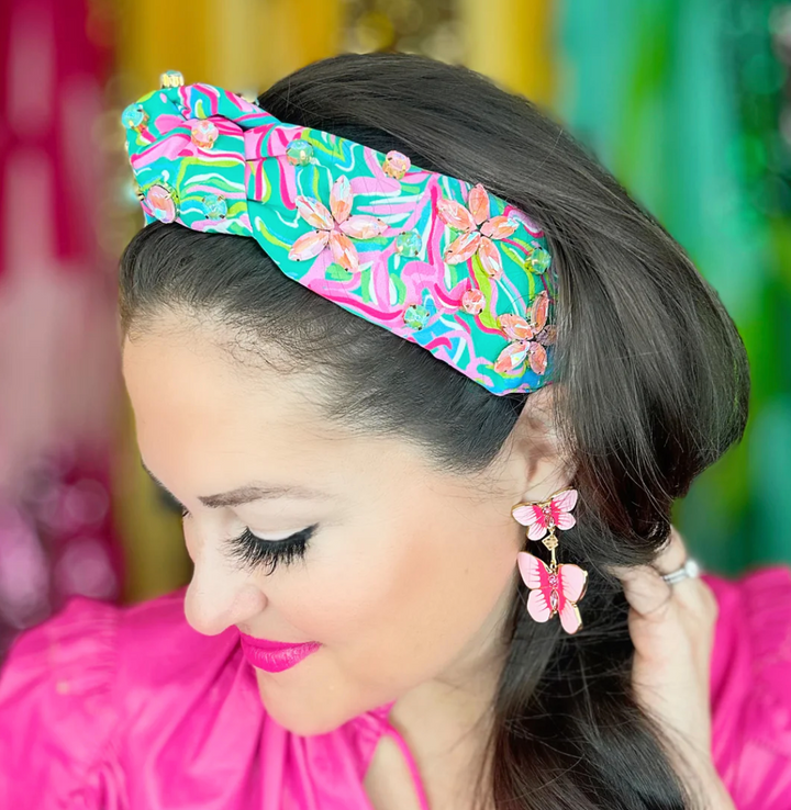 Bright Spring Floral Headband w Pink Flower Crystals