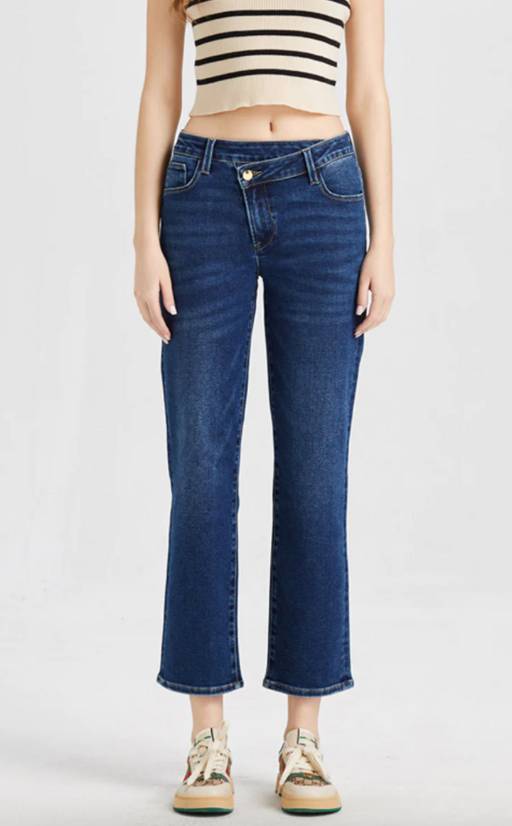 Ava High Rise Crossover Straight Leg Jean, Dark Blue