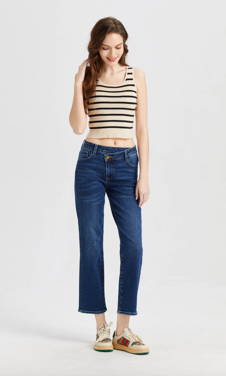 Ava High Rise Crossover Straight Leg Jean, Dark Blue