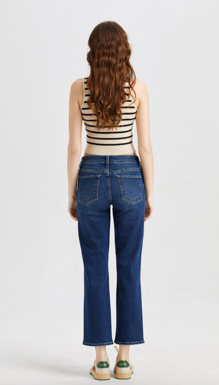 Ava High Rise Crossover Straight Leg Jean, Dark Blue